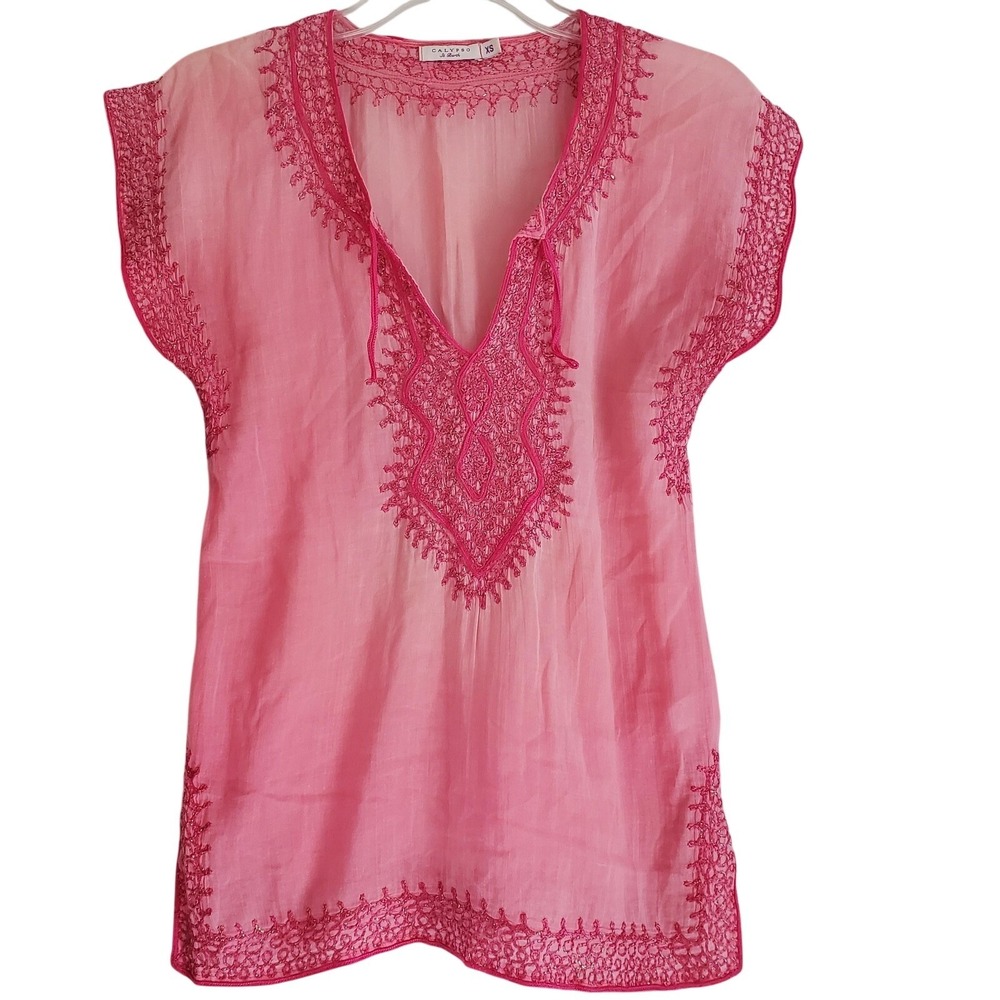 Calypso St Barth Tunic Shirt Womens XS Pink Embroidered Sheer Cotton Boho Resort